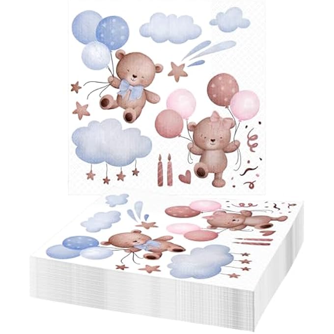 PACK OF 40 NAPKINS BIRTHDAY, BABY BEAR NAPKINS, BABY SHOWER, 33 X 33 CM NAPKINS, BLUE, FOR TABLE DECORATION, BIRTHDAY, THEME PARTY, MAN WOMAN 1ST BIRTHDAY GIRL DECORATION PARTY - Image 1